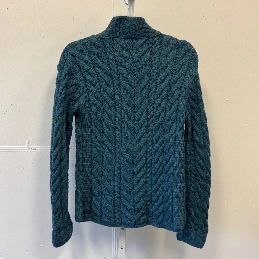 Carraig Donn Irish Merino Wool Cable Knit Cardigan Teal Blue XS Made in Ireland